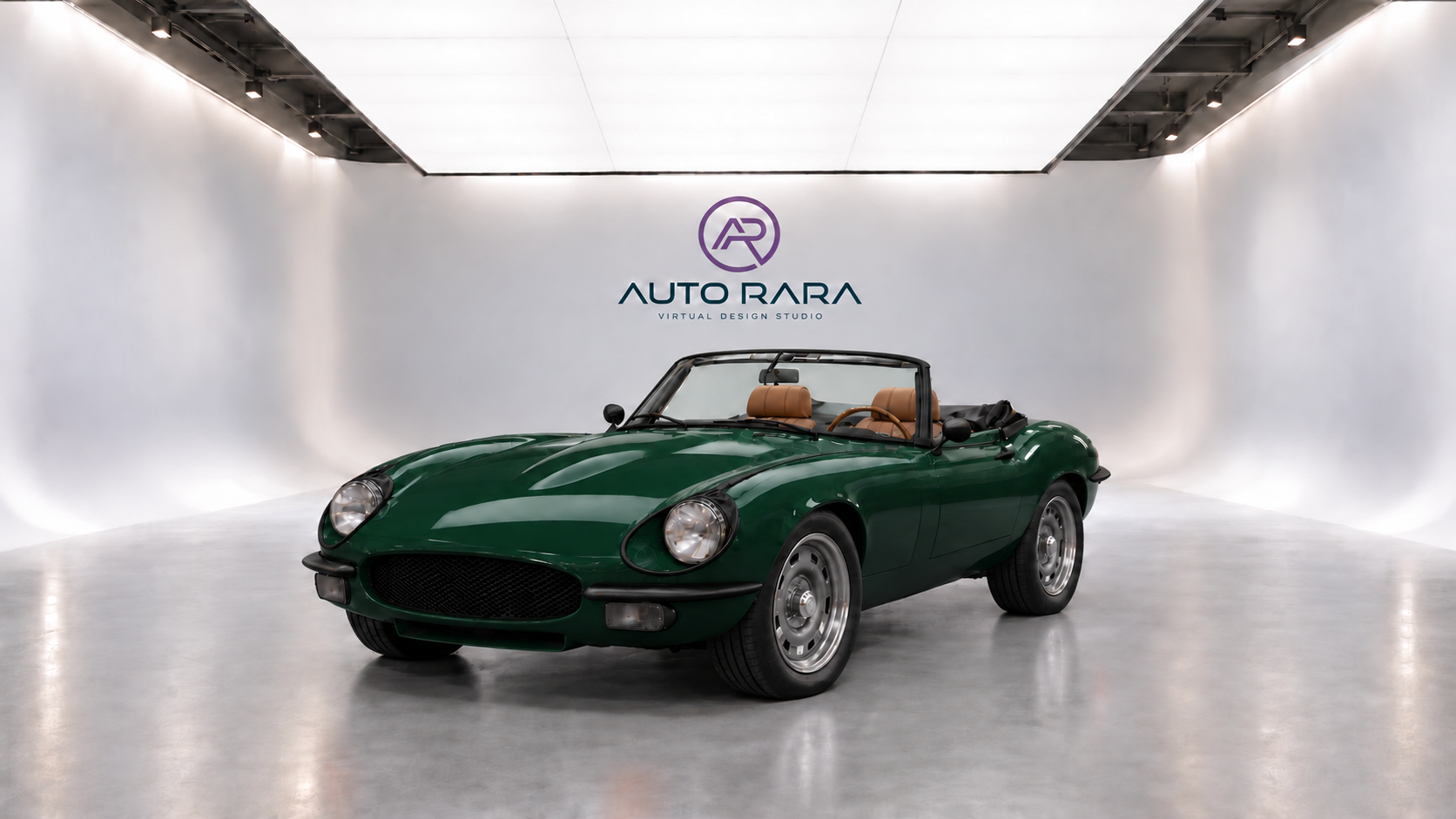 Racing-green E-type study with black windscreen frame, lamp surrounds, mirrors and bumper trim.