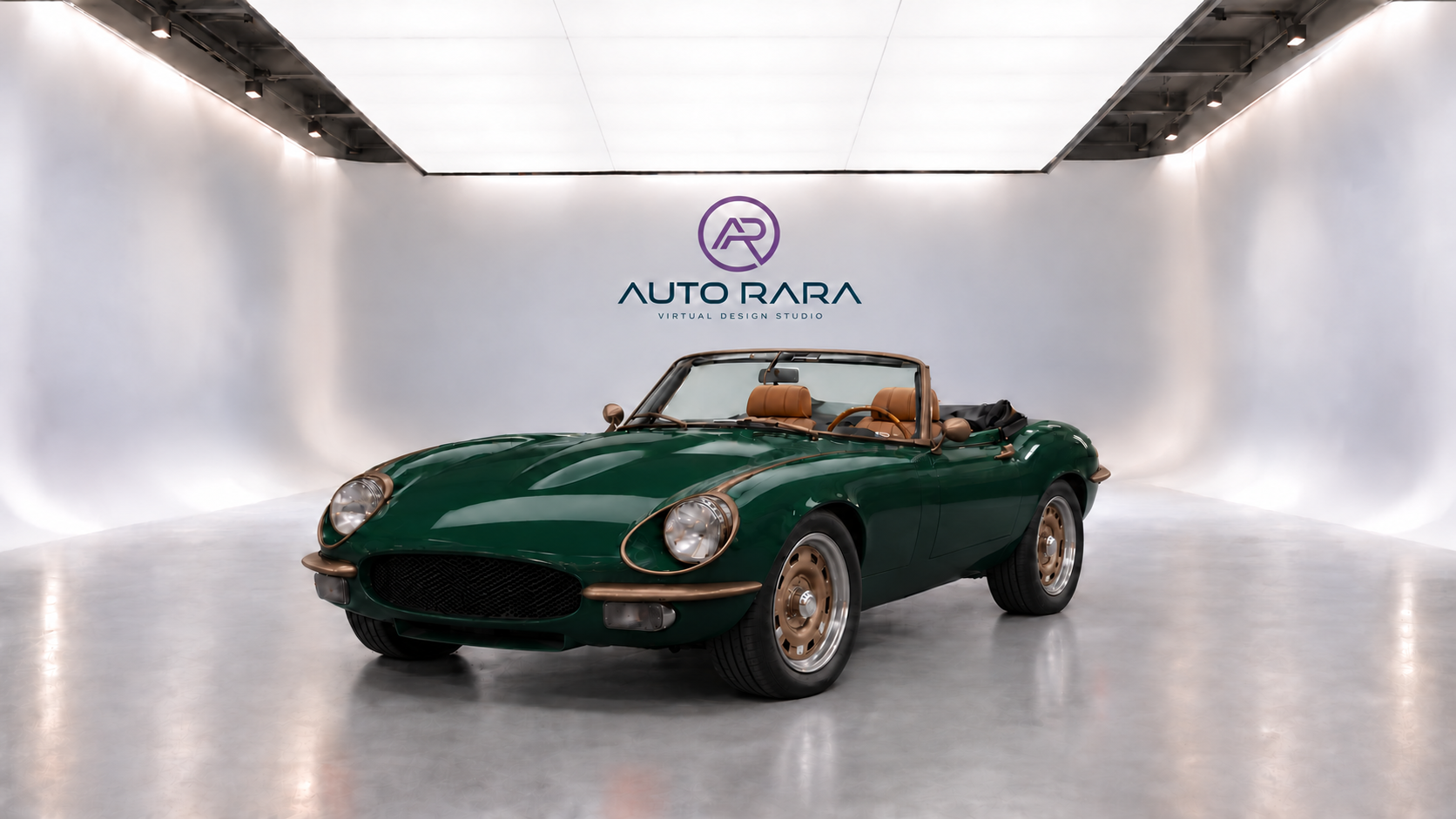 Racing-green E-type study with bronze exterior trim and bronze wheel faces.