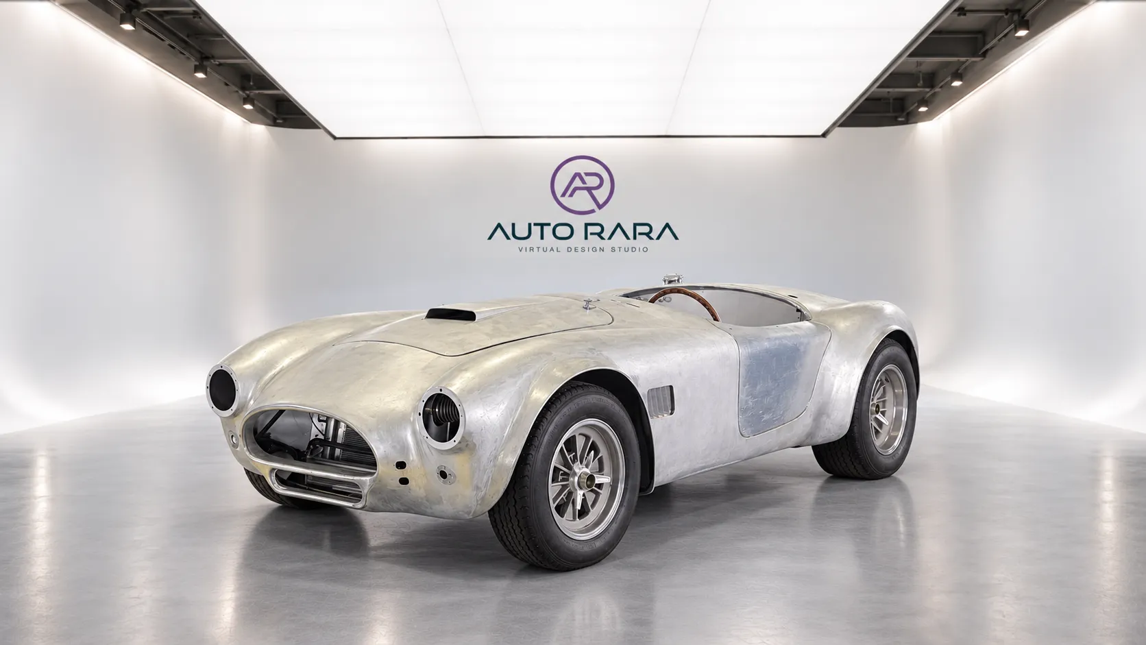 Cobra virtual reference view with unfinished aluminium bodywork, contrasting door finish and empty headlamp openings in Auto RARA’s studio.