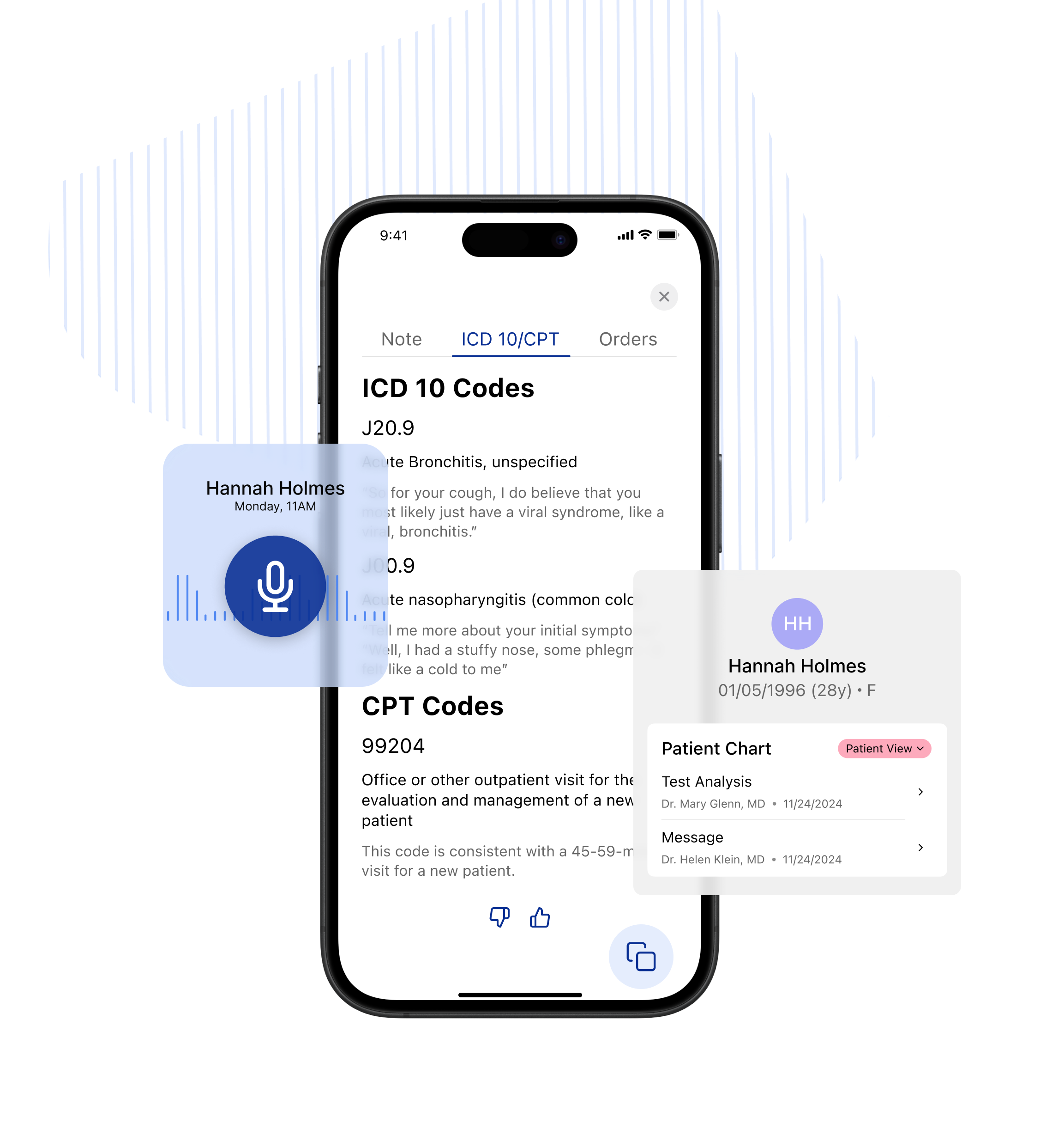 Playback healthcare app interface showing ICD-10 and CPT codes
