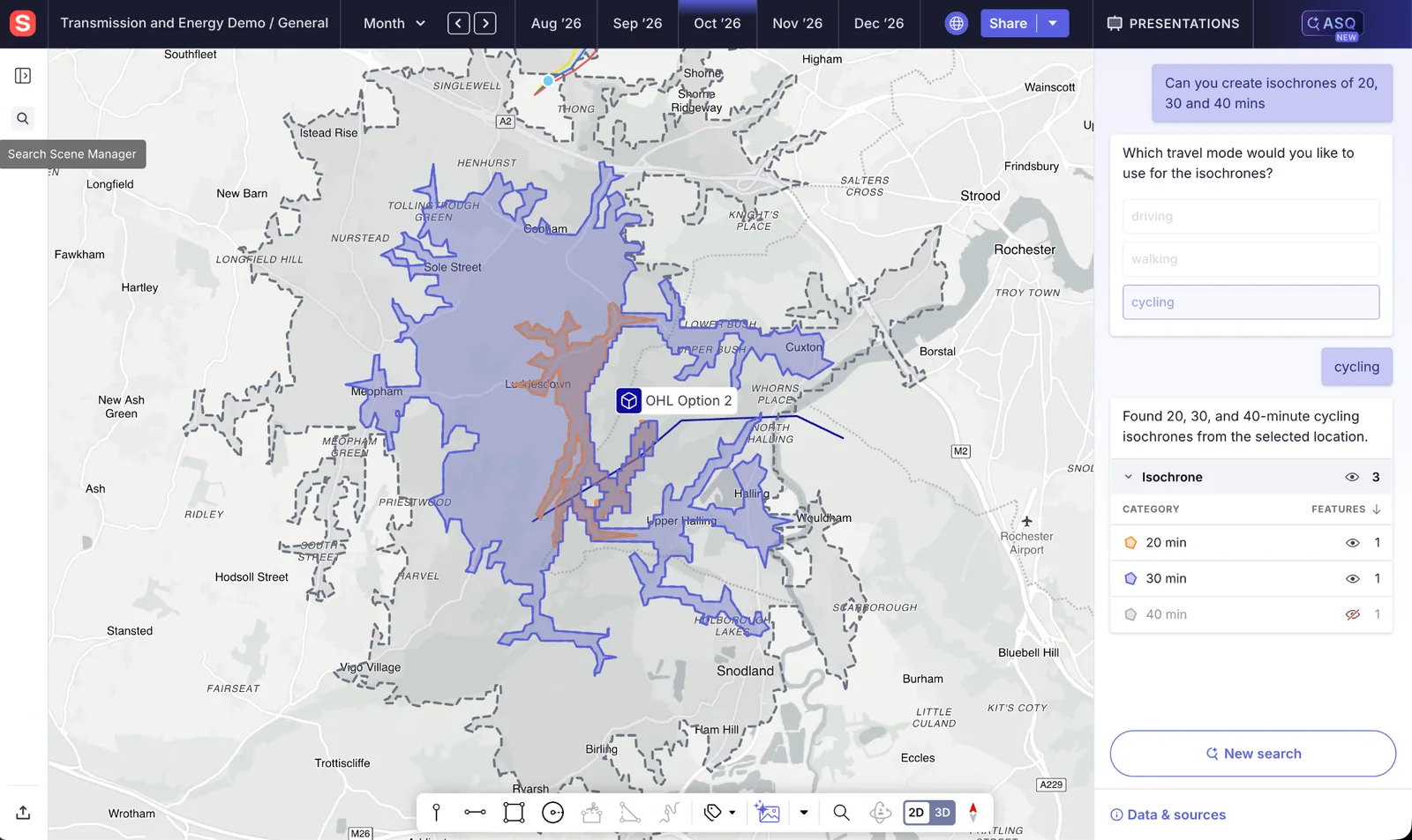 ASQ in the Sensat platform: 20, 30 and 40 minute cycling travel-time zones around a site, shown on the map
