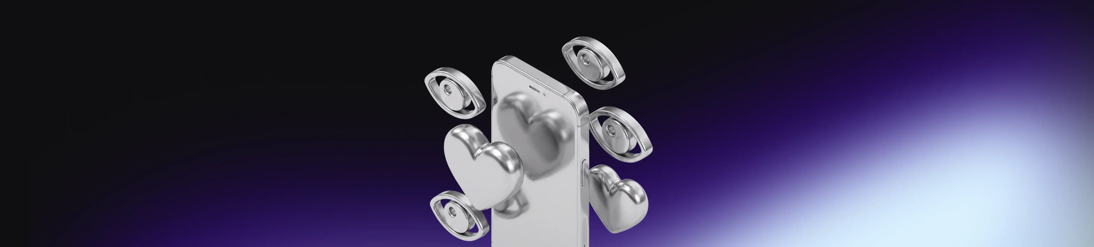 Decorative cover image that shows a simplified silver phone surrounded by silver hearts and eye icons, with a purple gradient. 