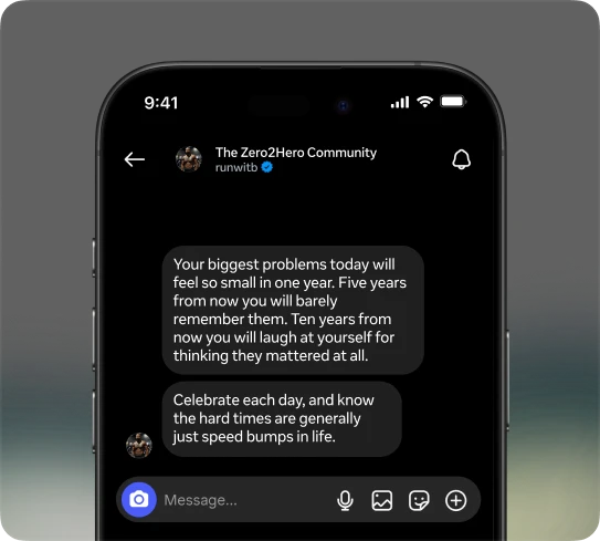 iPhone mockup showing Instagram DMs from the Zero2Hero community with motivational messages from coach B.