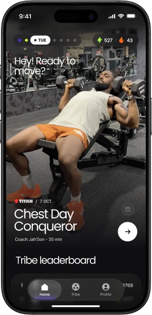 Onemor app home screen featuring the Chest Day Conqueror workout, tribe leaderboard, and navigation menu.