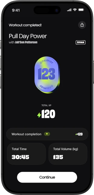 Workout completed screen in the Onemor app displaying XP earned, workout time, and total training volume.