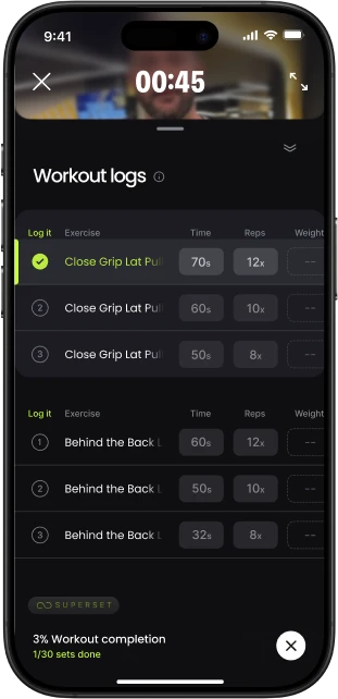 Onemor workout log showing completed exercises, sets, repetitions, weights, and workout progress.