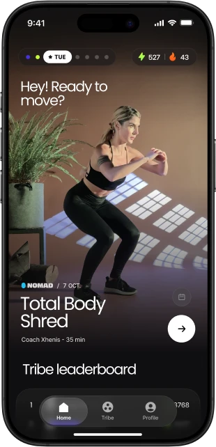 Onemor app home screen featuring the Full-Body Shred workout, tribe leaderboard, and navigation menu.