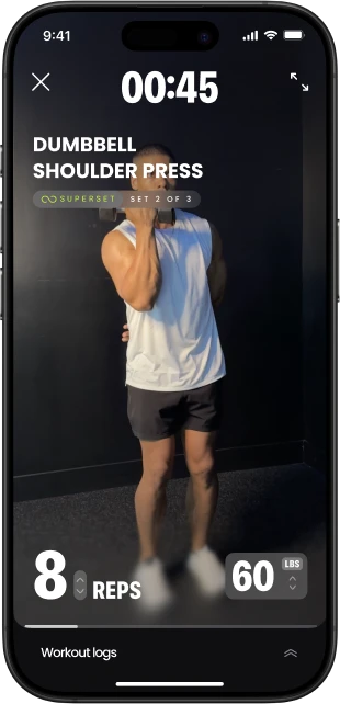 Onemor workout screen showing the dumbbell shoulder press exercise with timer, reps, weight, and workout tracking.