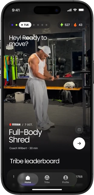 Onemor app home screen featuring the Full-Body Shred workout, tribe leaderboard, and navigation menu.