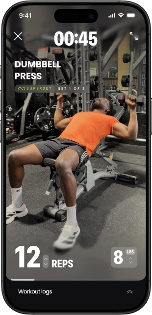 Onemor workout screen showing the dumbbell press exercise with timer, reps, weight, and workout tracking.