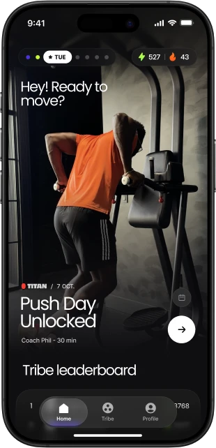 Onemor app home screen featuring the Push Day Unlocked workout, tribe leaderboard, and navigation menu.
