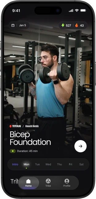 Onemor app home screen featuring the Bicep Foundation workout, tribe leaderboard, and navigation menu.