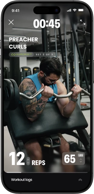 Onemor workout screen showing the preacher curls exercise with timer, reps, weight, and workout tracking.