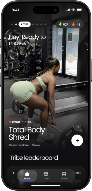 Onemor app home screen featuring the Total Body Shred workout, tribe leaderboard, and navigation menu.