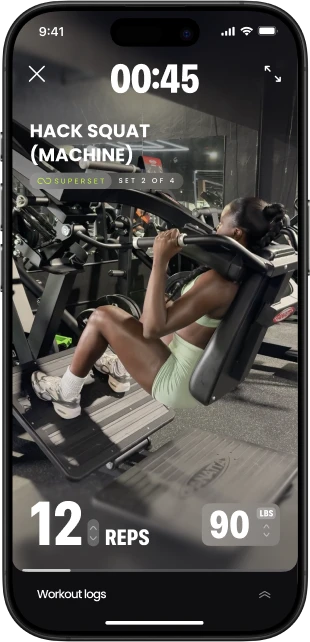 Onemor workout screen showing the hack squat (machine) exercise with timer, reps, weight, and workout tracking.