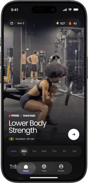 Onemor app home screen featuring the Lower Body Strength workout, tribe leaderboard, and navigation menu.