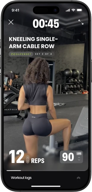 Onemor workout screen showing the kneeling single arm cable row exercise with timer, reps, weight, and workout tracking.