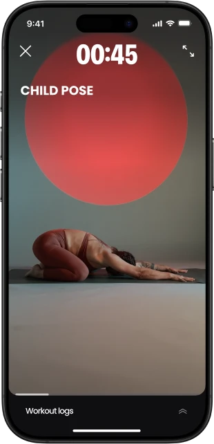 Onemor workout screen showing the child pose stretch with timer and workout tracking.
