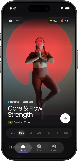 Onemor app home screen featuring the Core and Flow Strength workout, tribe leaderboard, and navigation menu.