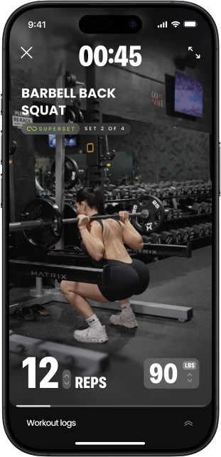 Onemor workout screen showing the BARBELL BACK SQUAT exercise with timer, reps, weight, and workout tracking.