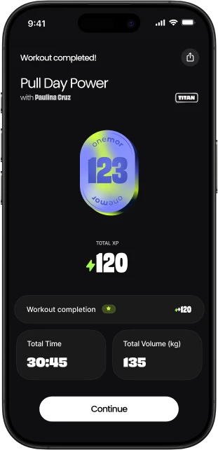 Workout complete screen showing Pull Day Power with total XP 120, time 30:45, and volume 135 kg on phone.