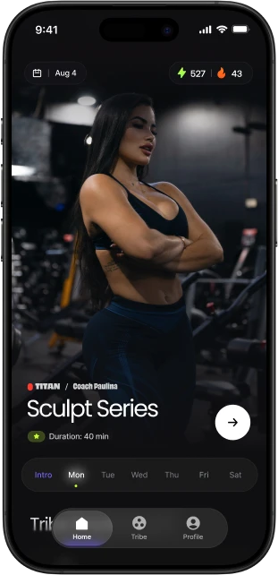 Onemor app home screen featuring the Sculpt Series workout, tribe leaderboard, and navigation menu.