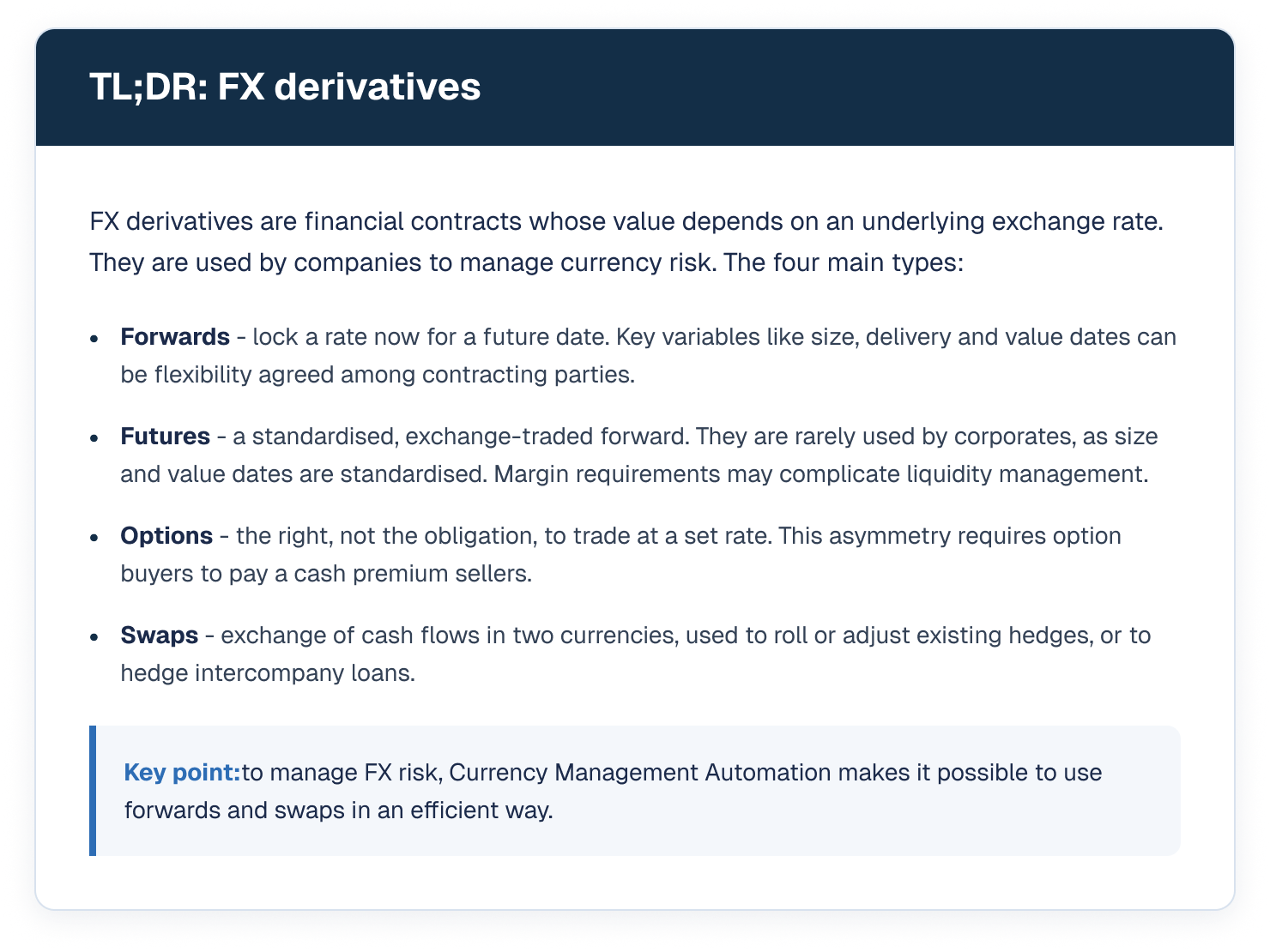 Infographic summarizing FX derivatives definitions for Forwards, Futures, Options, and Swaps, highlighting currency risk management.