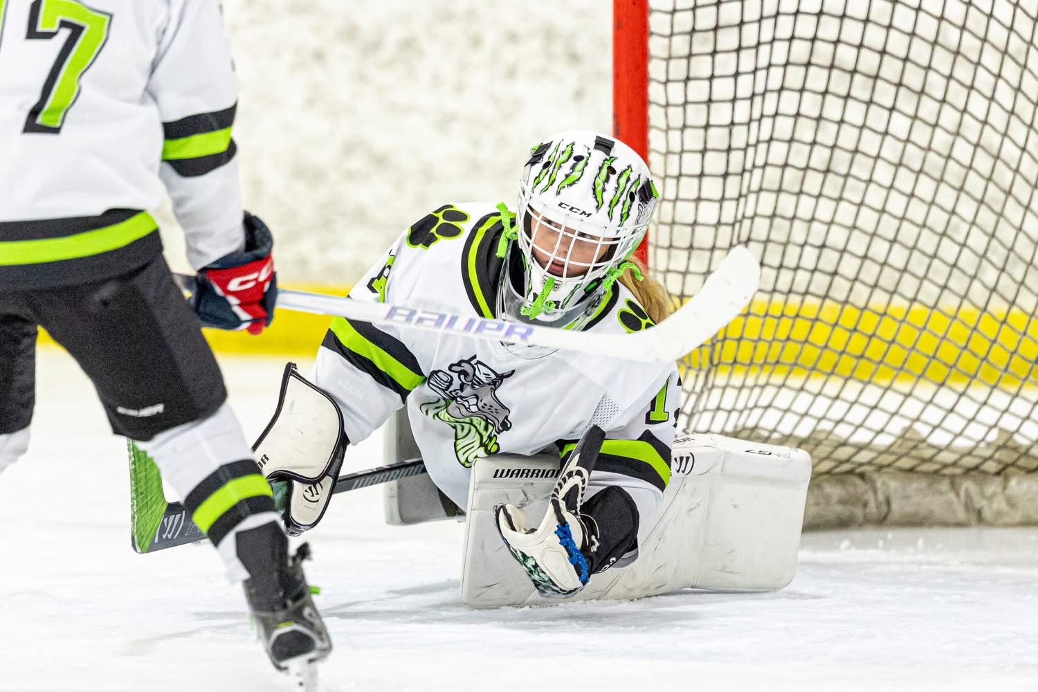 Young goaltender in white and green equipment back in stance in front of the net during a game