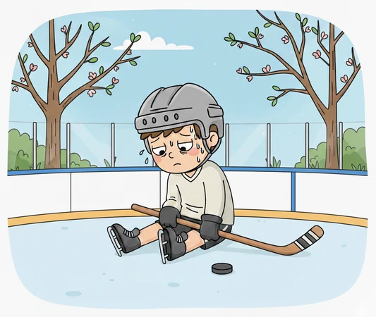 Illustration of a sad young hockey player seated alone on the ice with a hockey stick and puck.