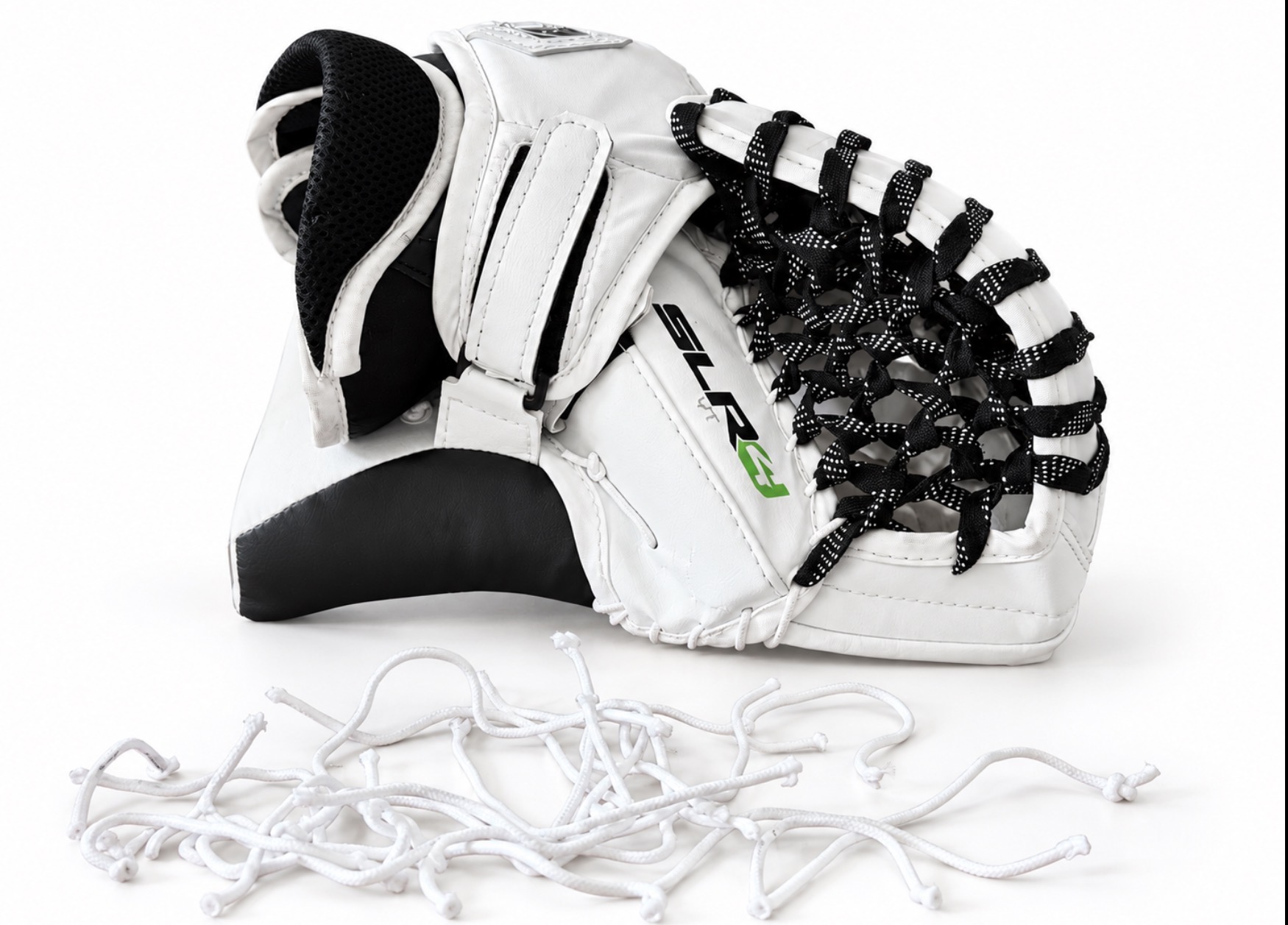 White goalie glove with removed laces during Hockey Detox glove work