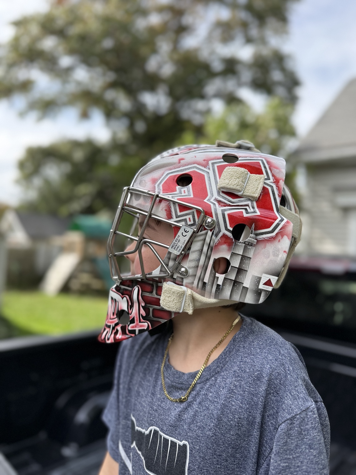 Teddy wearing his custom goalie helmet