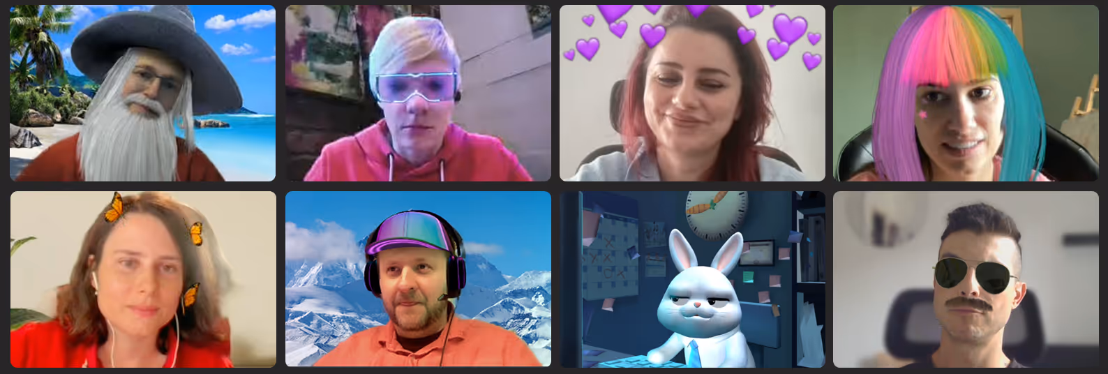 A video meeting where participants are having fun, they have funny filters on their display images.