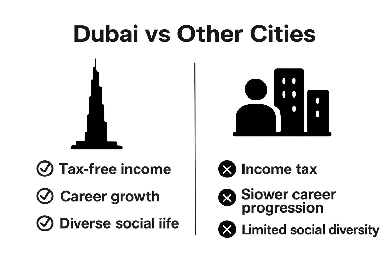 Infographic comparing Dubai and other global cities for single professionals
