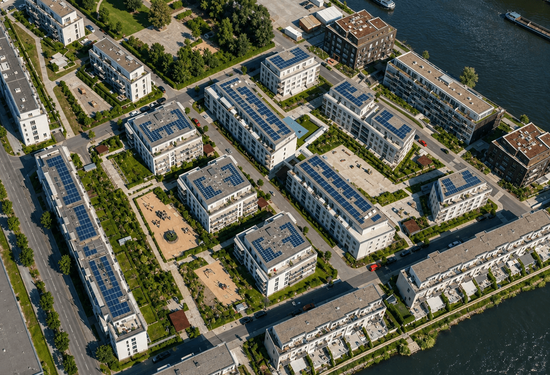 Luftbild des Quartiers Grünau mit Photovoltaikanlagen auf den Dächern