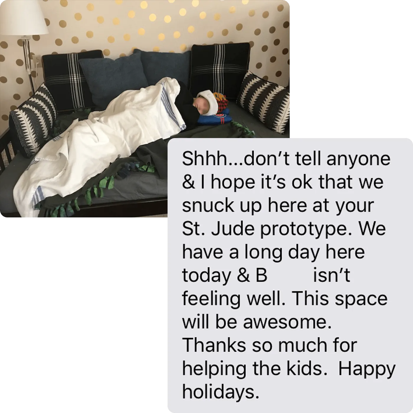 A text from the parent of one of the children receiving treatment at St. Jude showing how the child is resting in this much-needed space