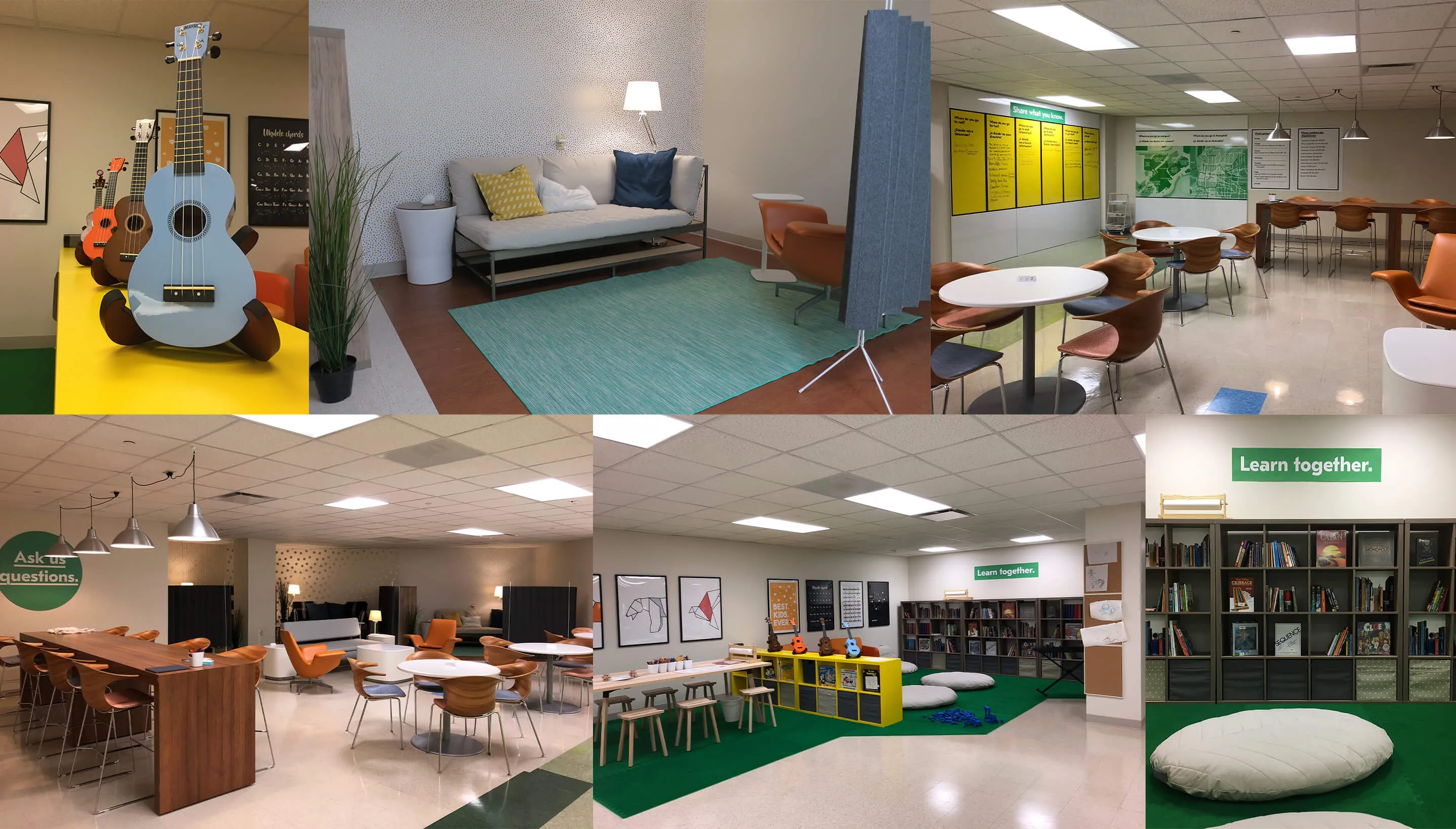 A collage of the different areas and zones people can experience in the new Family Commons area at St. Jude Children’s Research Hospital