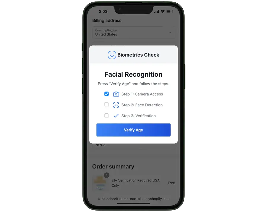 mobile phone screenshot showing ecommerce bluecheck verification