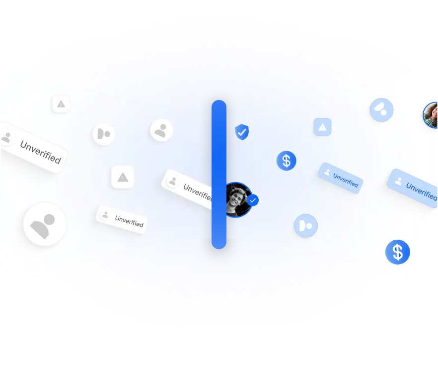 A funnel illustrating user verification with unverified icons on the left and verified icons with profile pictures and check marks on the right.