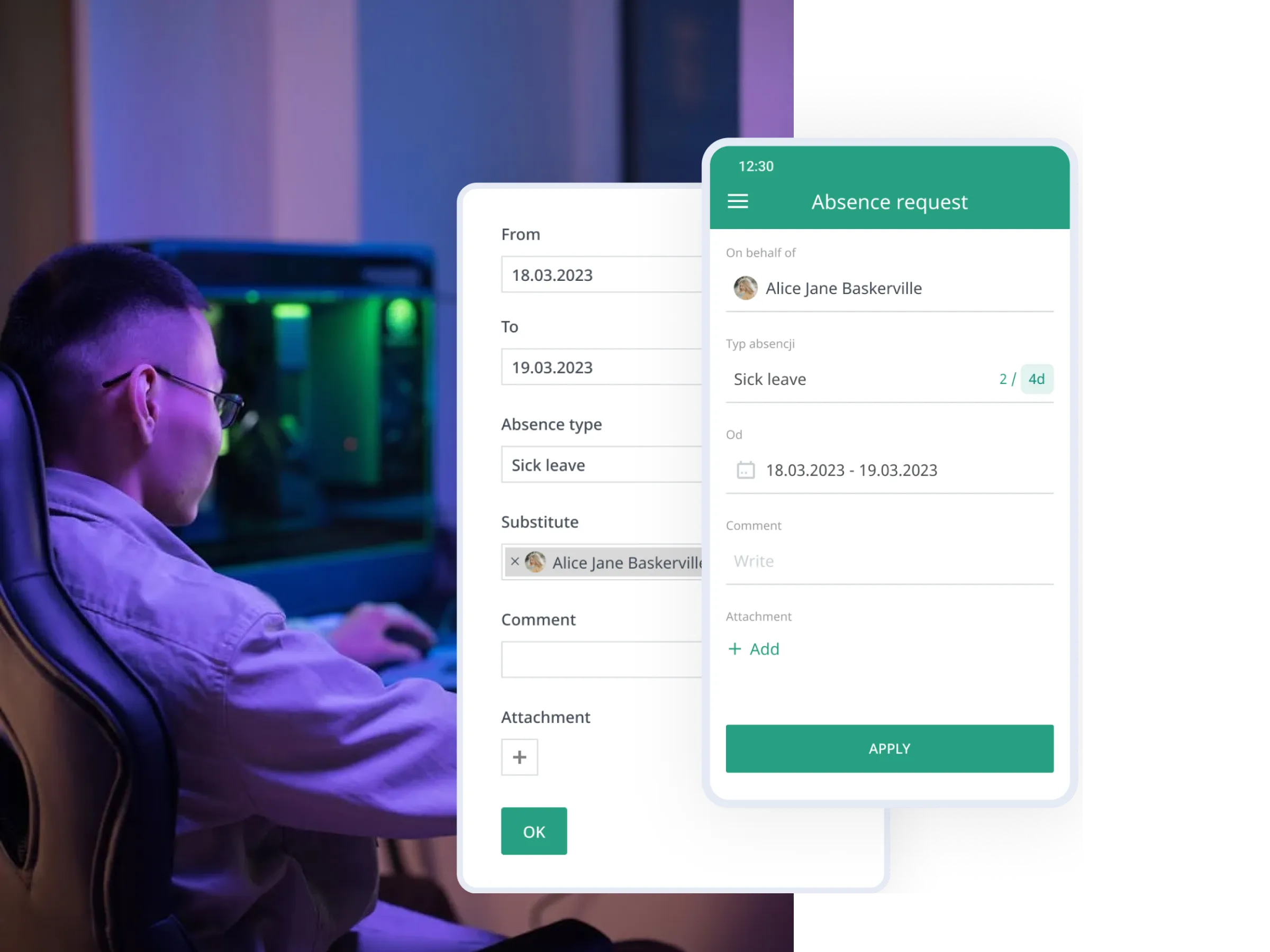 Gaming studio and absence request screen in calamari mobile app