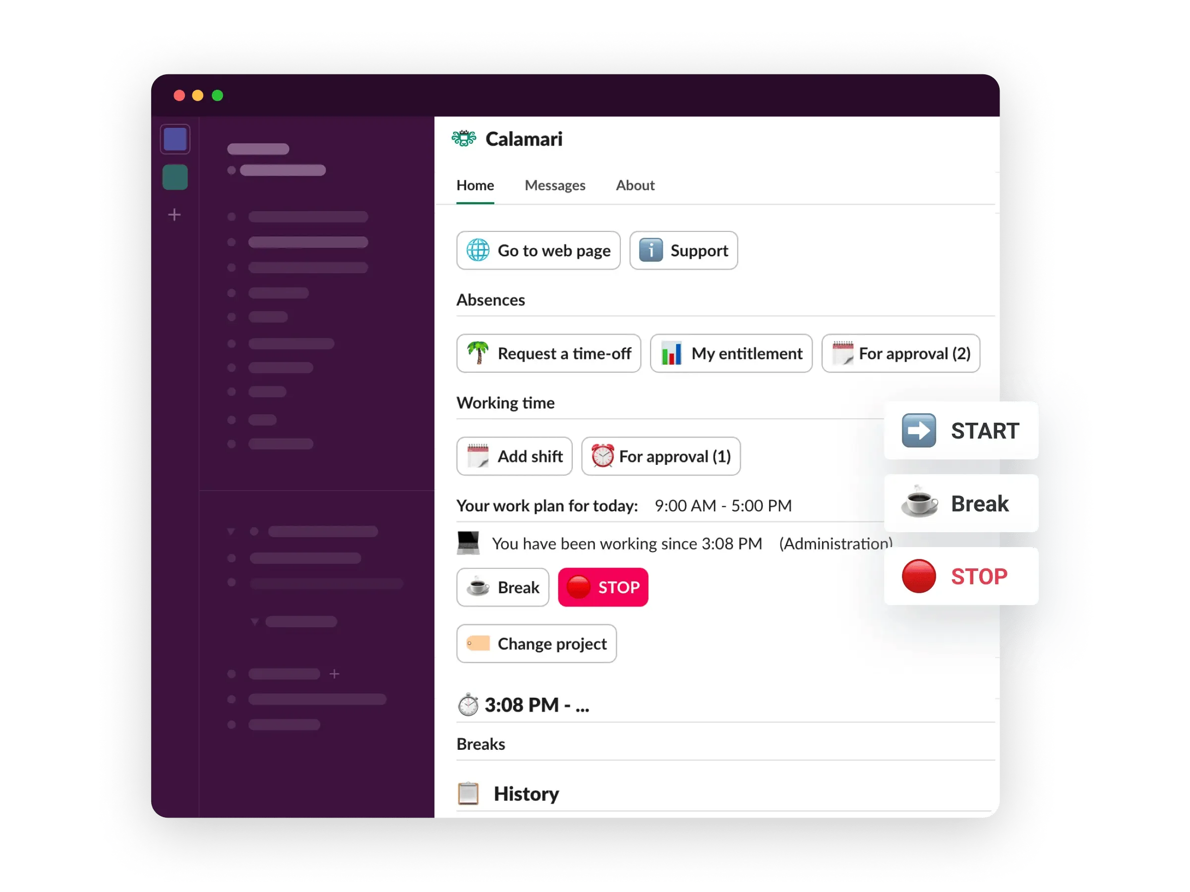 Calamari home tab in Slack with time tracking elements highlighted