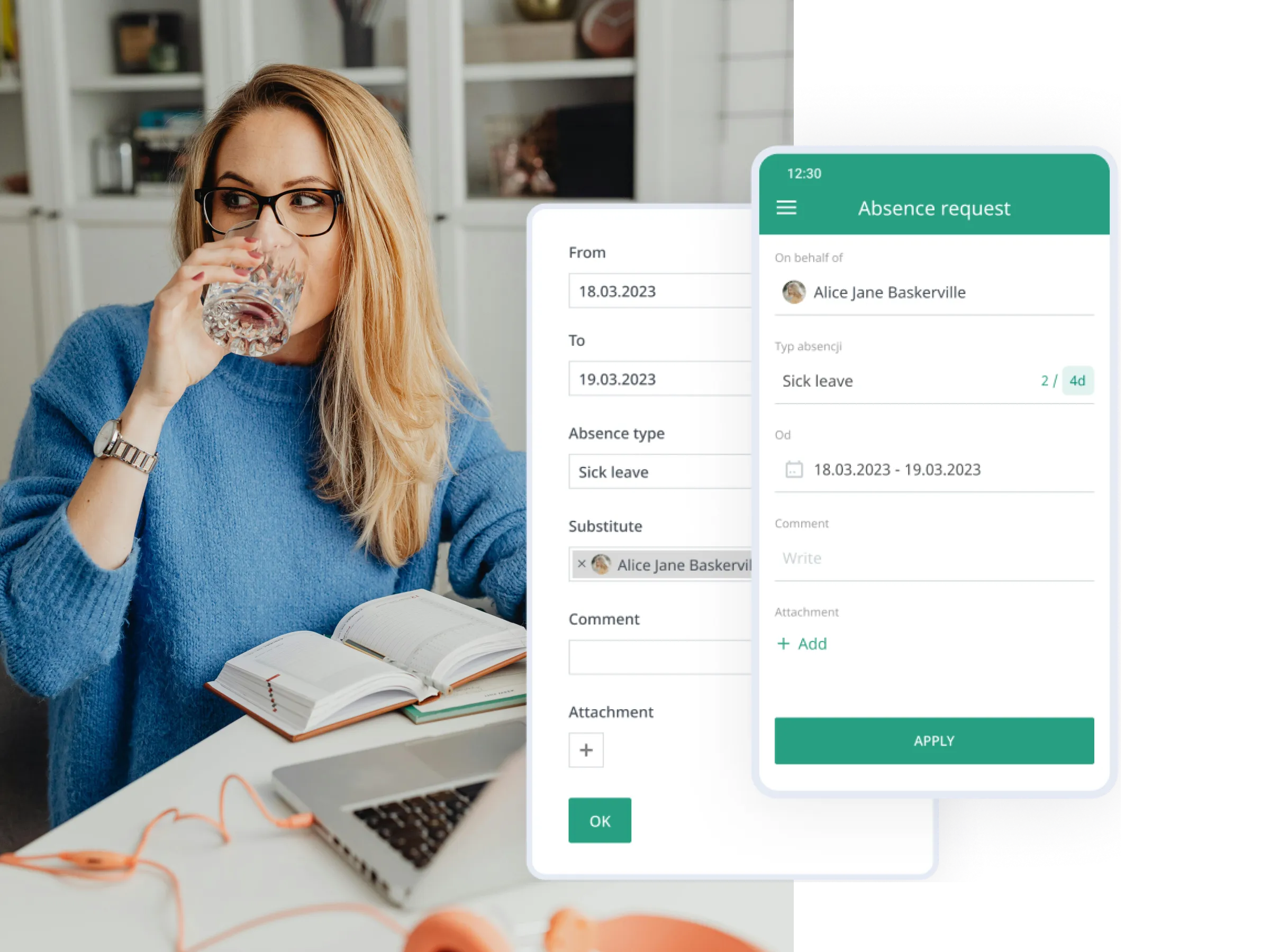 A marketing specialist in a workspace with Calamari mobile app