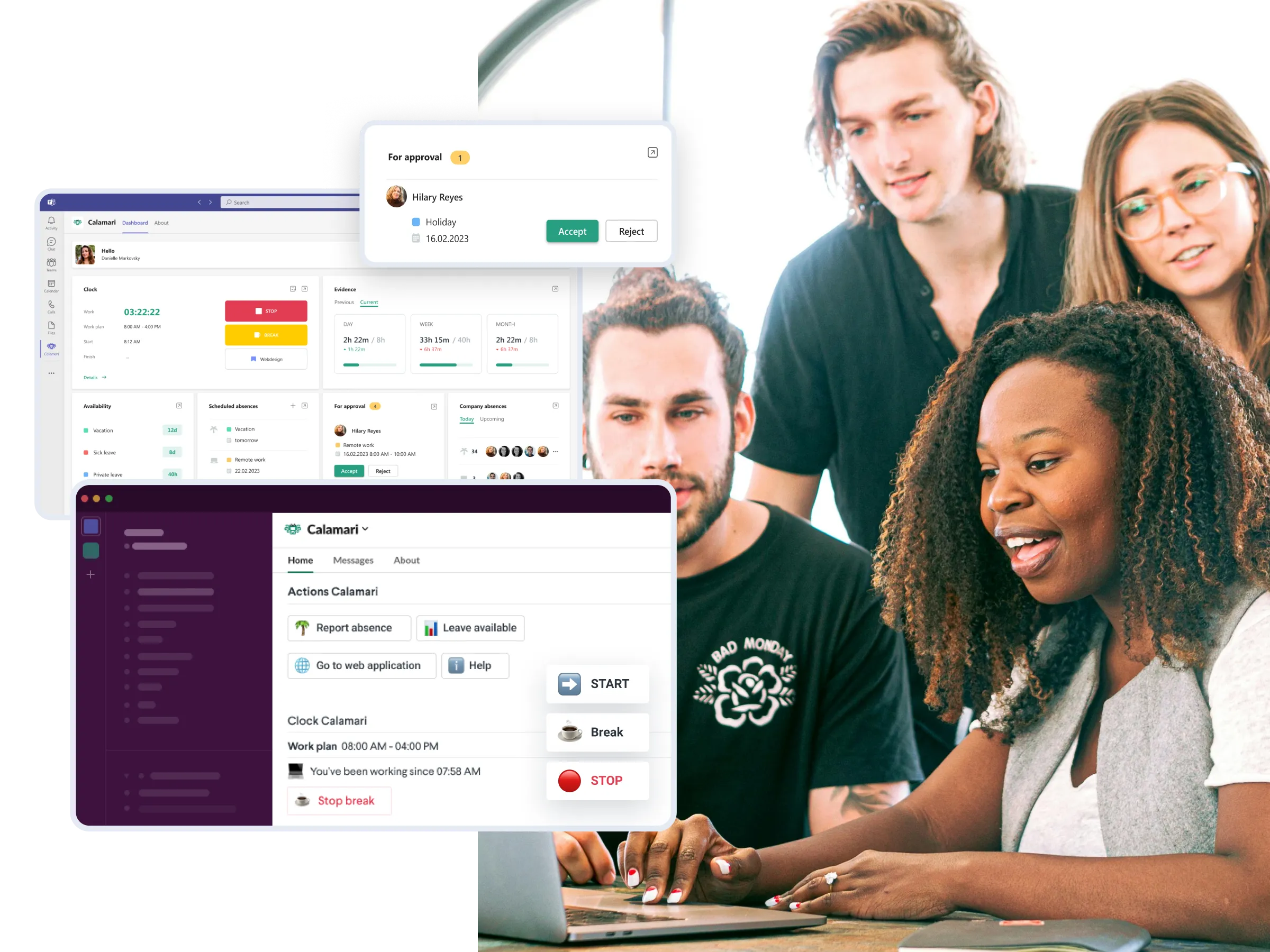A team working on Slack or Microsoft Teams with Calamari integration