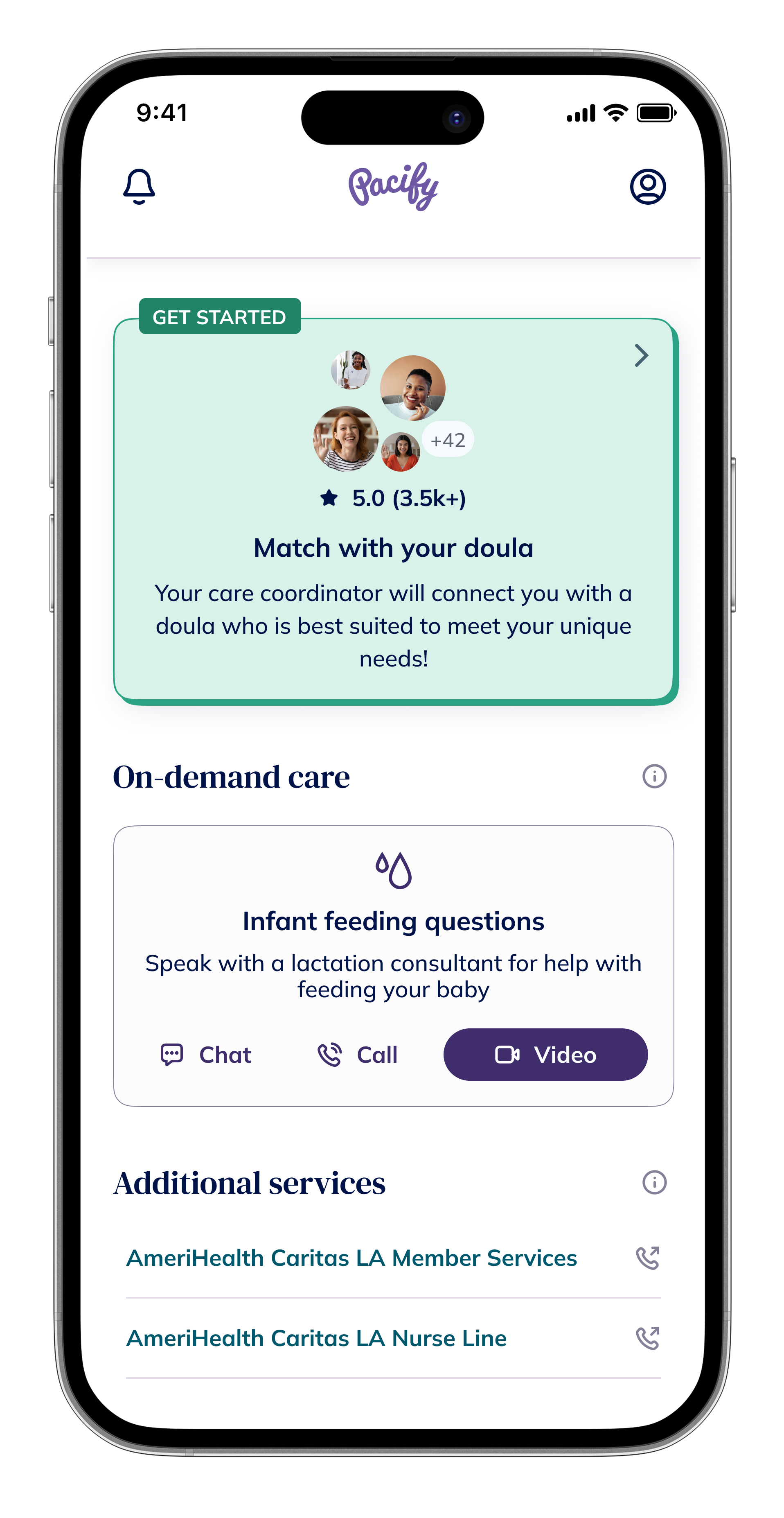 Pacify app home screen featuring various buttons to contact healthcare specialists