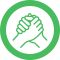 Two hands clasped in a handshake inside a green circle, symbolizing support or partnership.