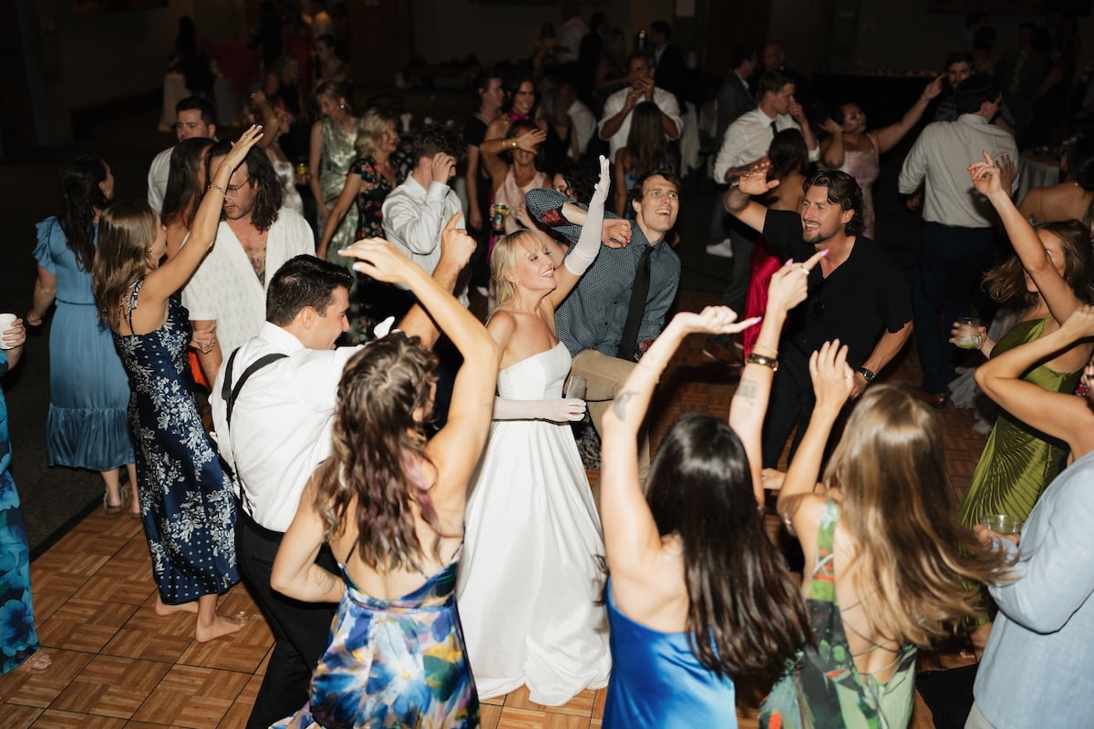 Colorado wedding reception dance floor with guests celebrating