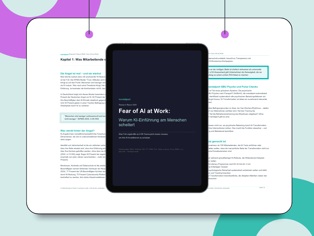 Tablet mockup displaying the mentalport Research Report 2026 "Fear of AI at Work: Why AI Adoption Fails at the Human Level" – a free guide for leaders and HR teams on protecting their AI investments.