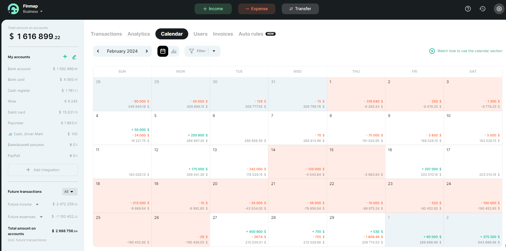 Payment Calendar in Finmap