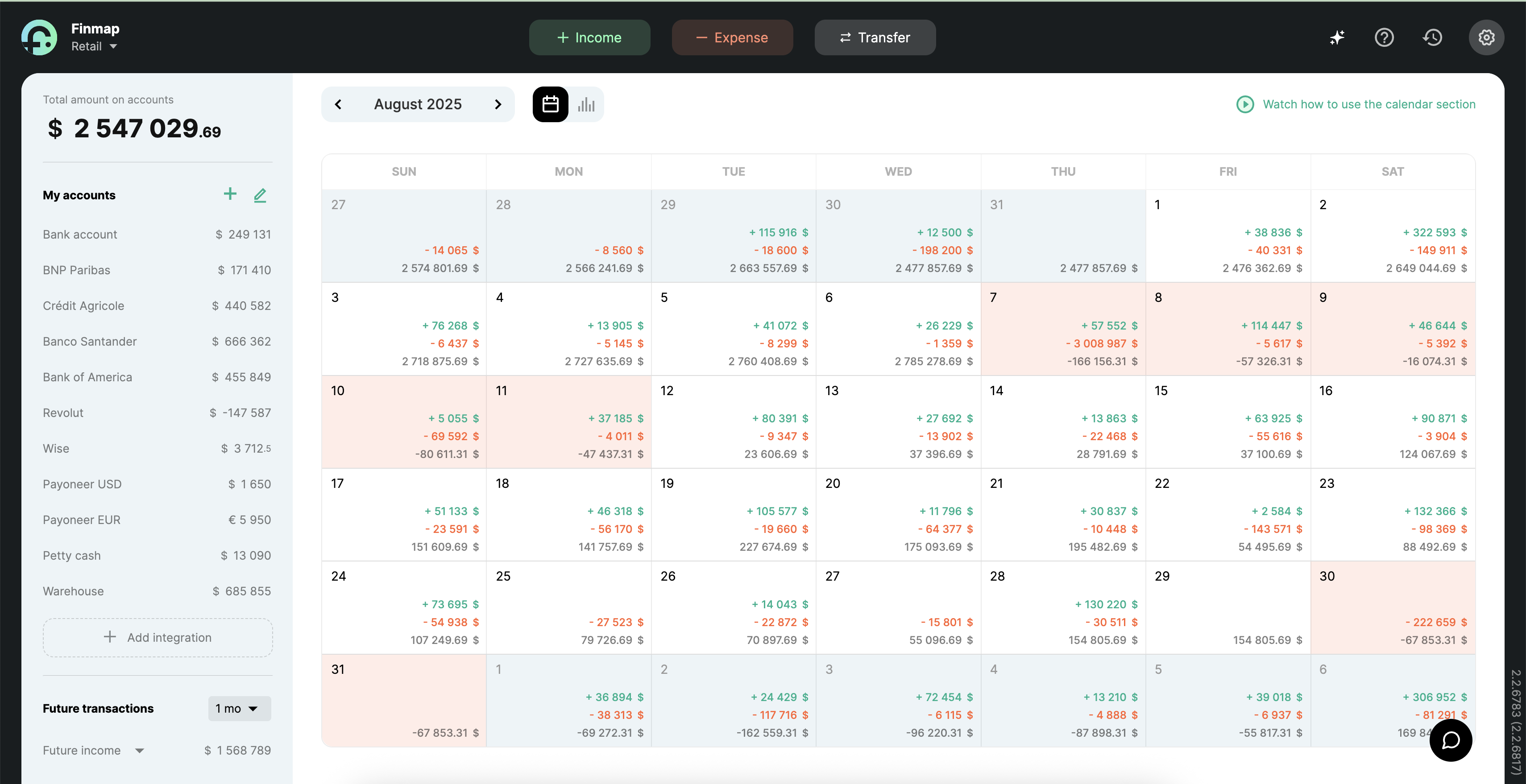 Payments Calendar in Finmap