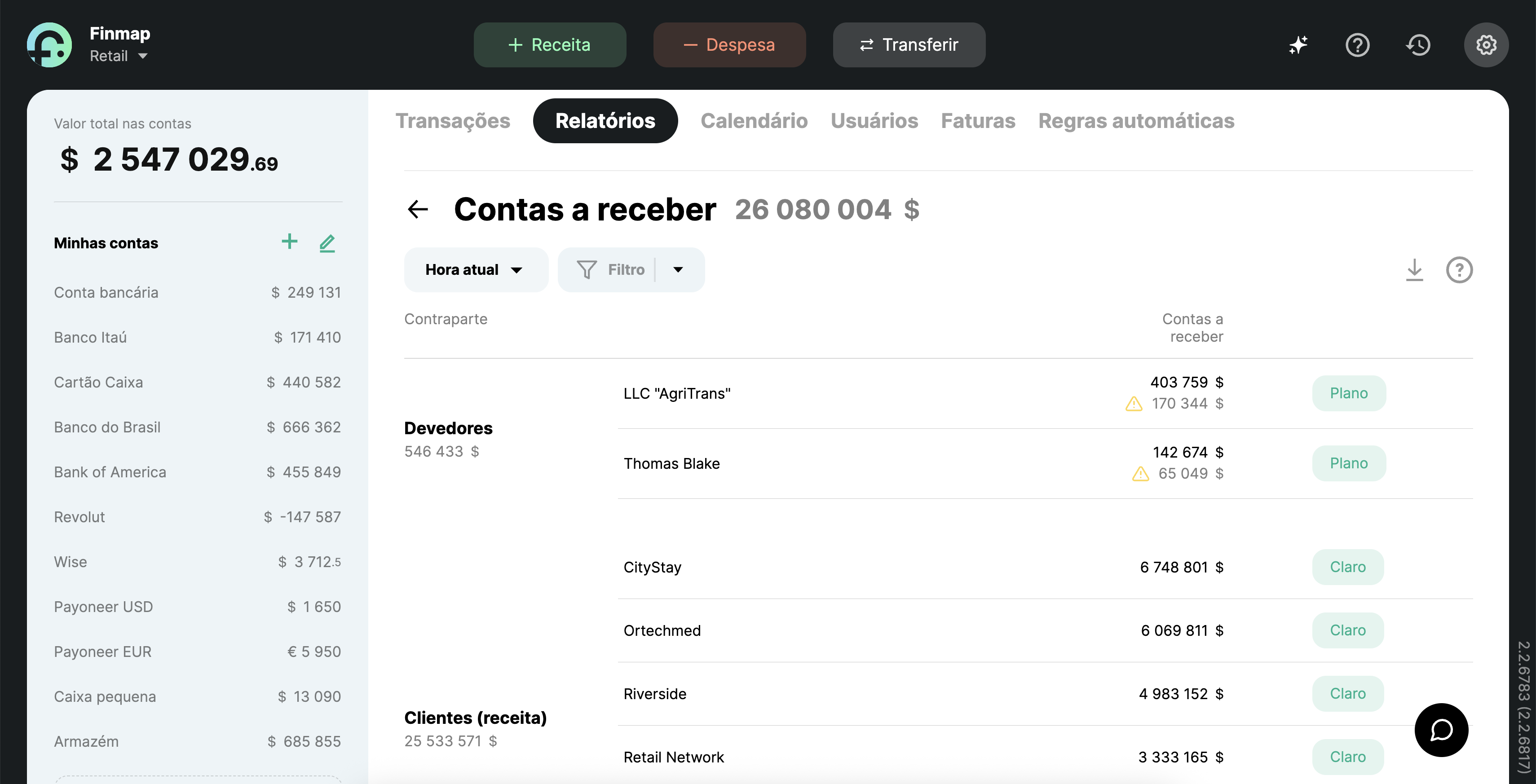 Relatório de Contas a receder na Finmap