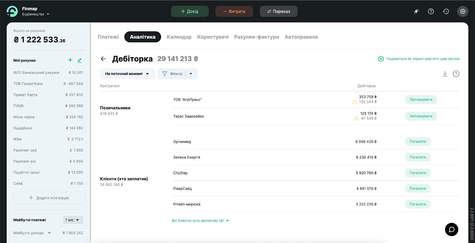 Звіти Дебіторка та Кредиторка в Finmap 